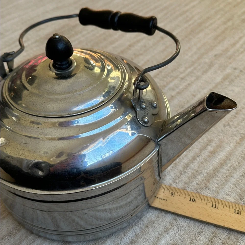 Large Revere Ware Tea Kettle Teapot Solid Chrome Plated Wire Bail Wood Handle